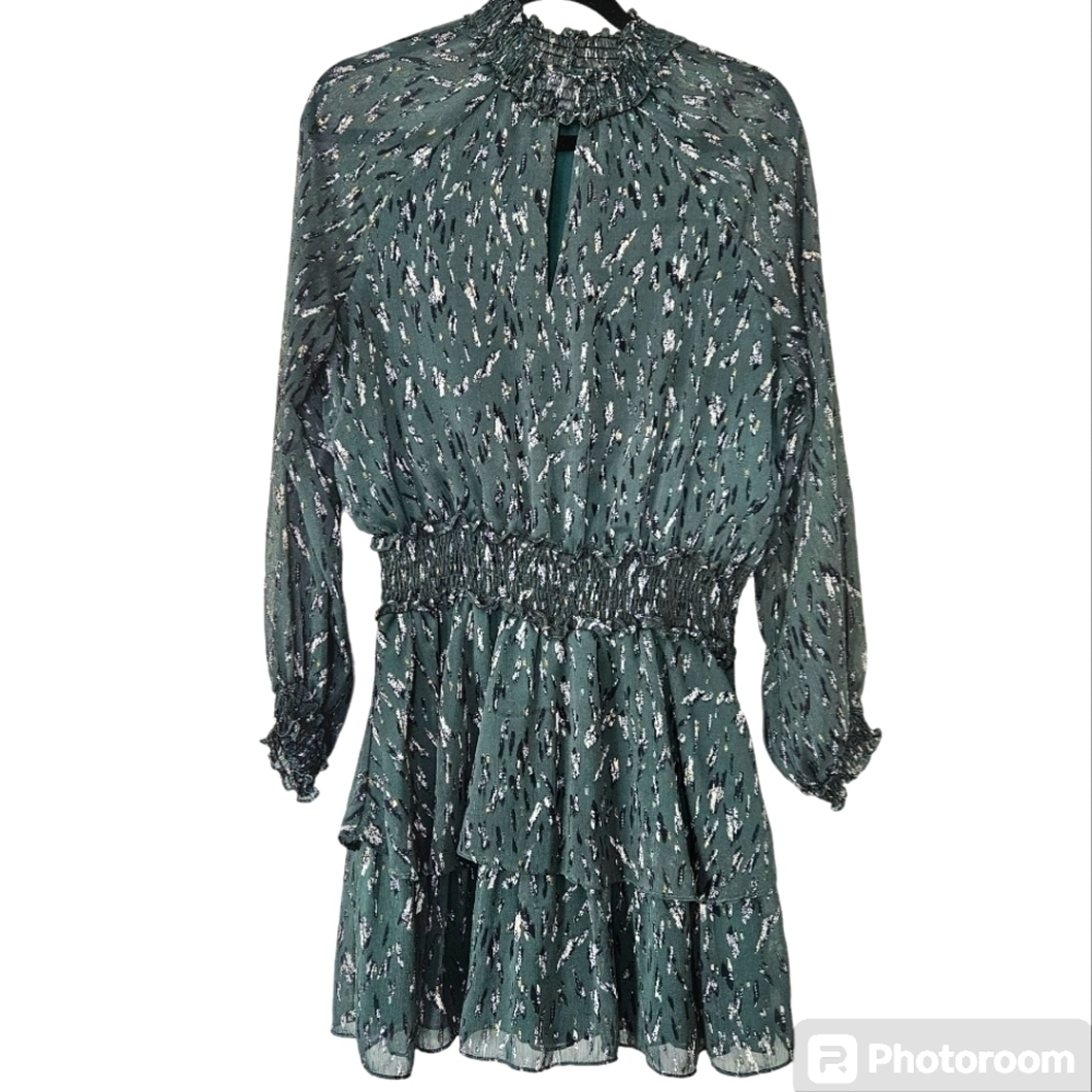 Karlie green smocked waist long sleeve ruffles high neck mini dress size M